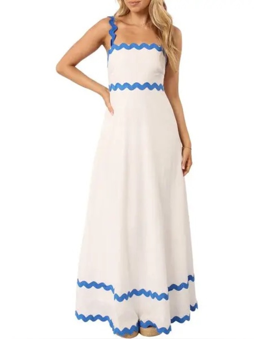 Petal & Pup Nancy Rickrack Maxi Dress in White/Blue Size:Large